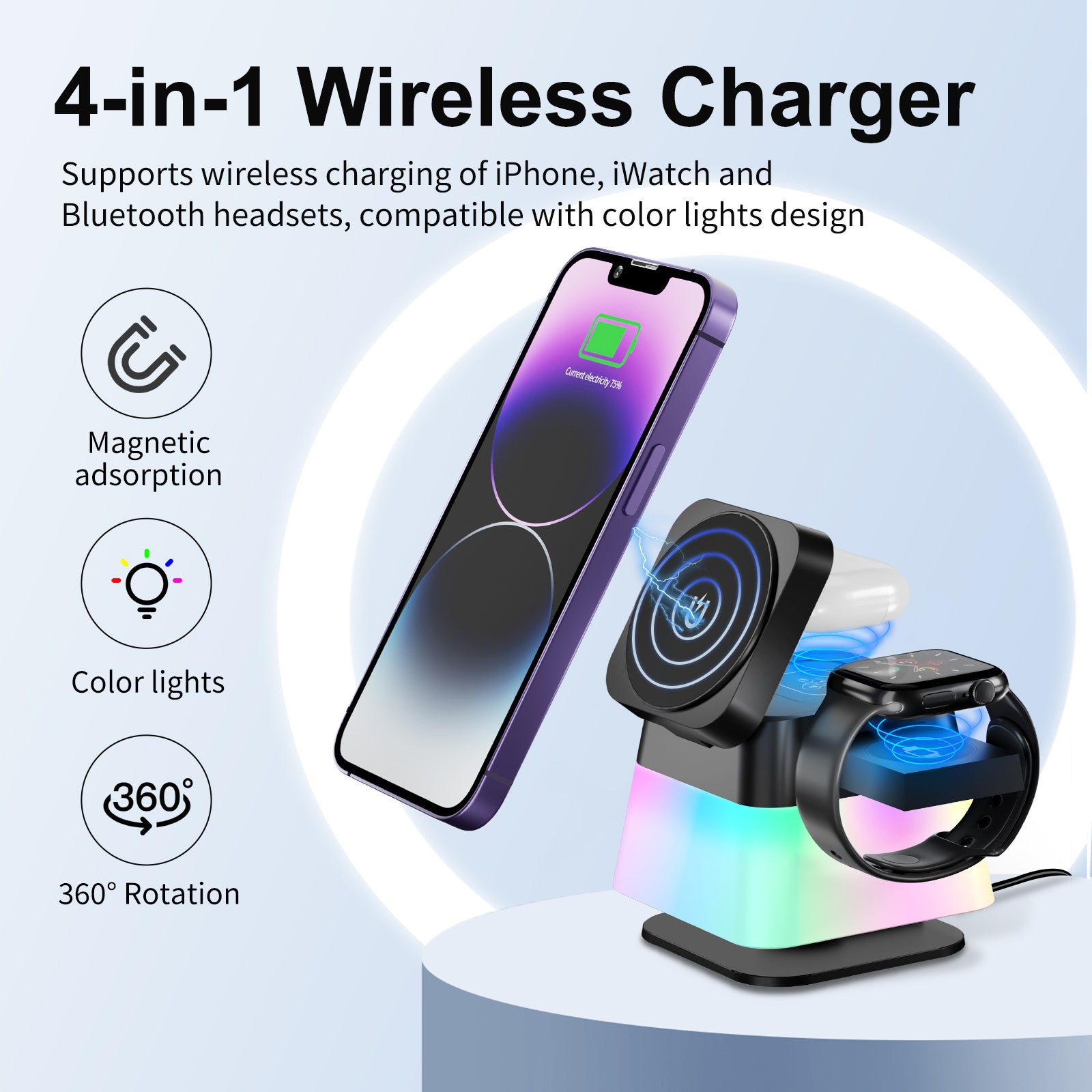 ChargeAura: 4-in-1 Rotatable Wireless Charger with Colorful Lighting